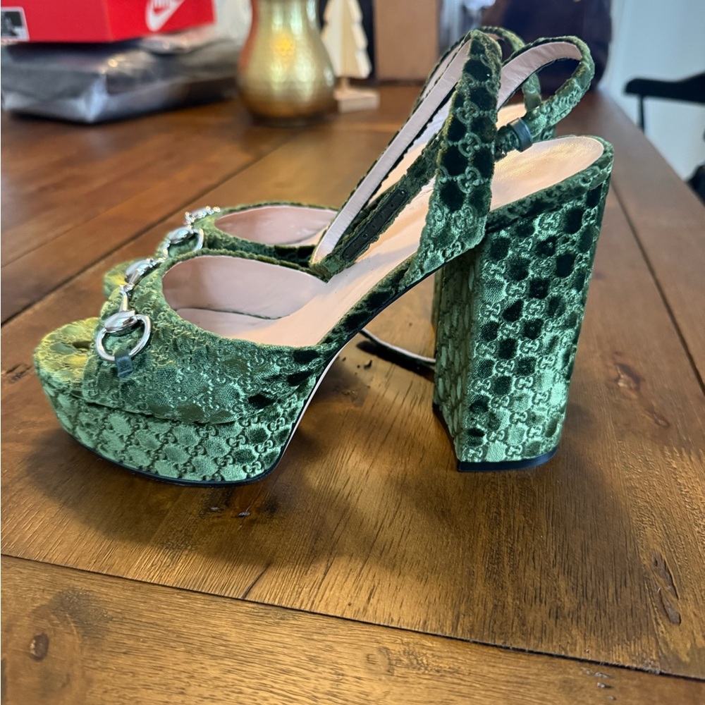 Gucci Olive Velvet Platform Heels - Picture 6 of 10